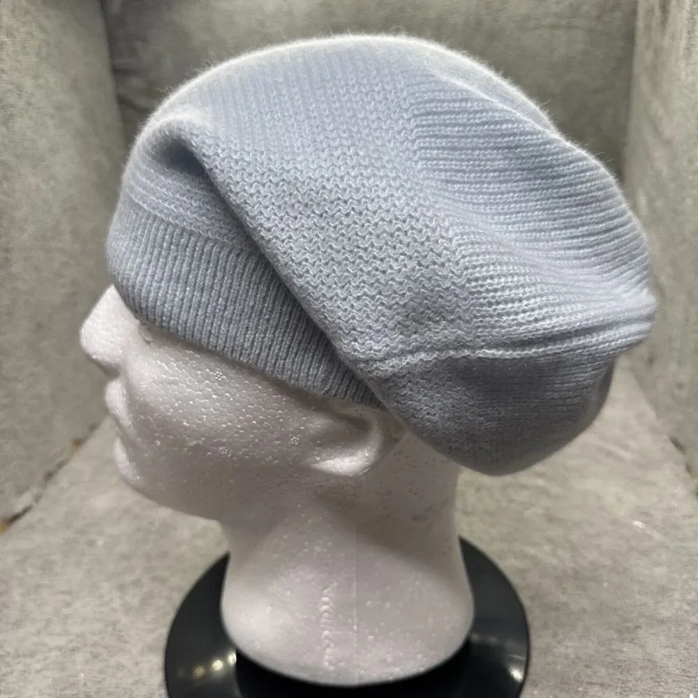Waysoft 100% Cashmere Beanie Hat Knit Pale Blue Ribbed Luxury Cap‎ Apres Ski
